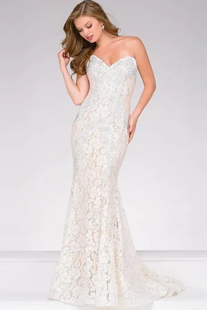 JOVANI Crystal Embellished Strapless Lace Prom Dress 37334