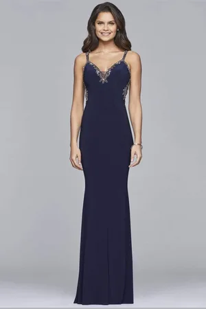 FAVIANA S10107 Lace Beaded V-Neck Jersey Sheath Dress