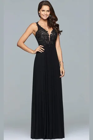 FAVIANA 8000 Lace Appliqued Long Mesh V-Neck Dress