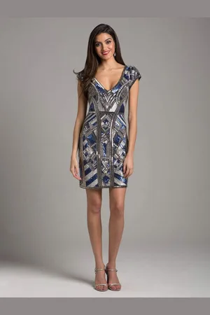 Lara Dresses 29909 Cap Sleeve Geometric Beaded Short Dress