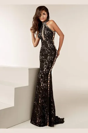 Jasz Couture 6220 Beaded Lace Halter Neck Sheath Dress