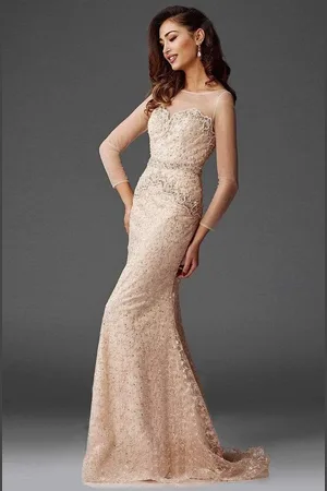 Clarisse M6427 Mesh Sleeved Embroidered Long Gown