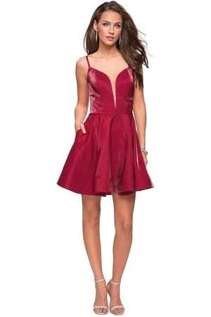 La Femme 26659 Deep V-neck Stretch Satin A-line Dress