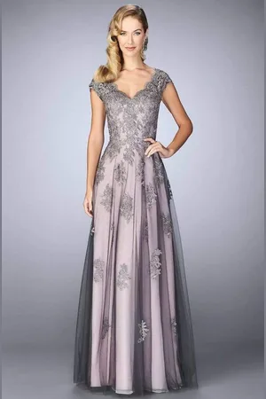 La Femme 23449 Two Tone Lace Evening Gown