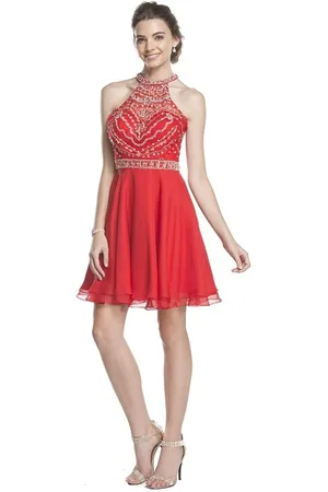 Aspeed Design Embellished Sheer Halter A-line Homecoming Dress