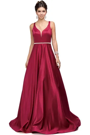 Dancing Queen Bridal 9754 Classic Long Satin Prom Dress with V-back and Plunging Neckline