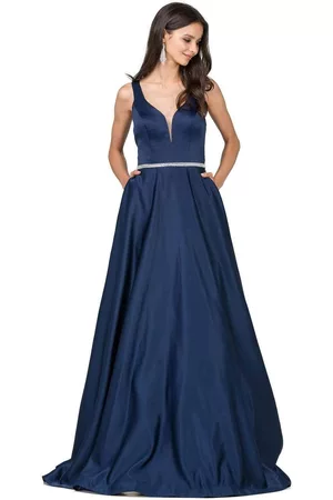 Dancing Queen Bridal 9754 Classic Long Satin Prom Dress with V-back and Plunging Neckline