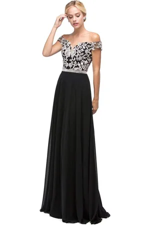 Dancing Queen Bridal 9701 Off-the-Shoulder Long Prom Dress with Lace Applique