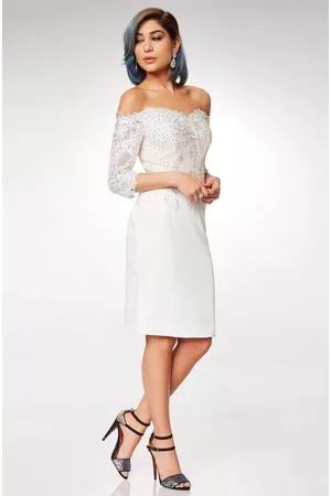 Clarisse M6566 Lace Off-Shoulder Satin Sheath Knee Length Dress