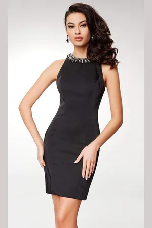 Clarisse M6567 Crystal Beaded Halter Satin Sheath Dress
