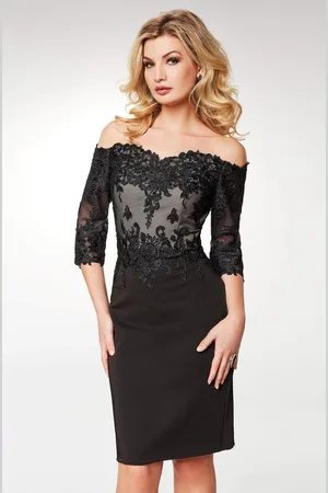 Clarisse M6566 Lace Off-Shoulder Satin Sheath Knee Length Dress