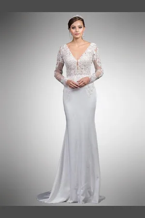 Dancing Queen Bridal 52 Beaded Lace Long Sleeve V-neck Sheath Dress