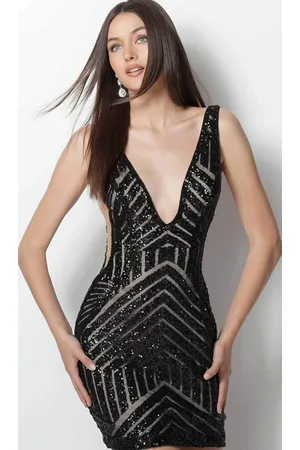 JOVANI 63899 Sequined Deep V-neck Sheath Cocktail Dress