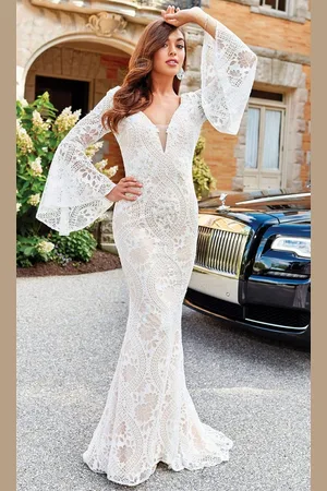 Clarisse 600101 Lace Long Bell Sleeve Trumpet Dress