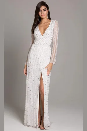 Lara Dresses 51007 Beaded Deep V-neck Long Sleeve Sheath Dress