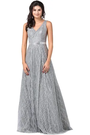 Dancing Queen 2534 Glitter Mesh Sleeveless V-Neck Long A-Line Gown