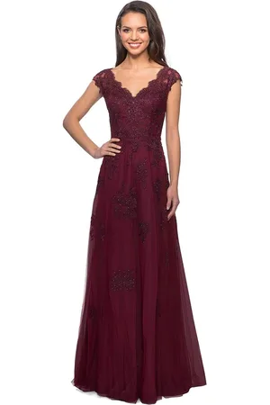 La Femme 26942 V-Neck Floral Lace Mother of the Groom Tulle Gown
