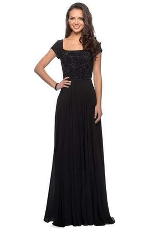 La Femme 26512 Embellished Square Neck Chiffon A-line Dress