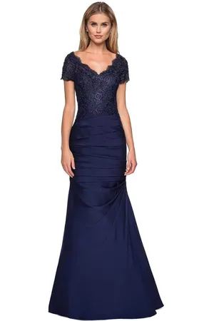 La Femme 26979 Short Sleeve Lace Bodice Pleated Trumpet Gown