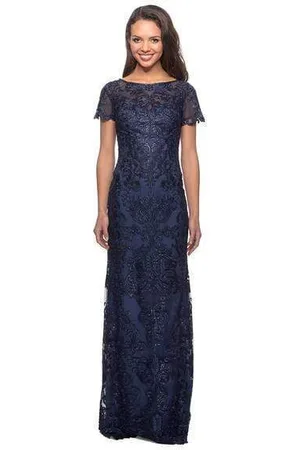 La Femme 26405 Short Sleeve Jewel-Adorned Lace Sheath Gown