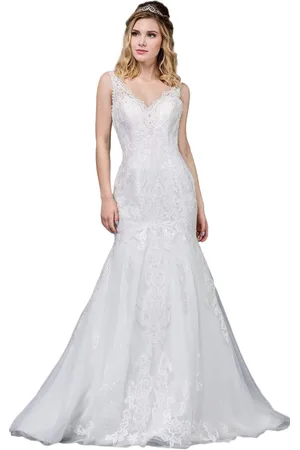 Dancing Queen Bridal 68 Applique V-neck Trumpet Gown With Train
