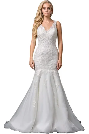 Dancing Queen Bridal 86 Embroidered Plunging V-neck Trumpet Gown