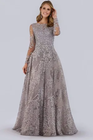 Lara Dresses 29759 Beaded Foliage Embroidered Illusion A-Line Gown