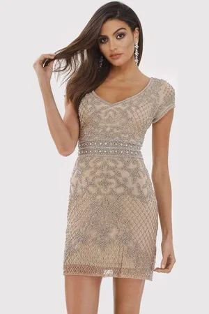 Lara Dresses 29571 V Neck Beaded Tulle Cocktail Dress