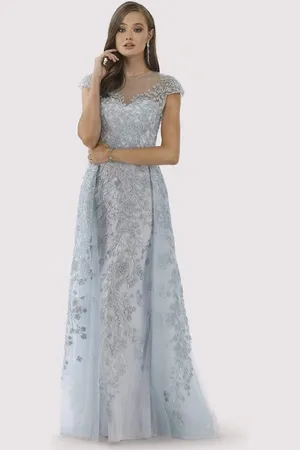 Lara Dresses 29798 Cap Sleeve Botanical Embroidered Overskirt Gown