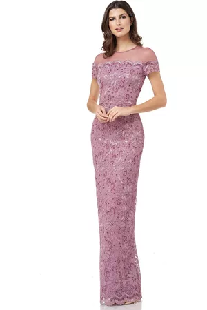 Js collection embroidered overlay illusion cheap lace evening dress