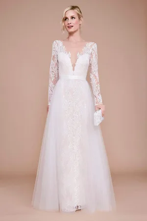 Tadashi Shoji Louisa Long-Sleeve Lace Tulle Gown