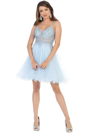 May Queen MQ1693 Sparkly Lace Appliqued A-Line Tulle Cocktail Dress