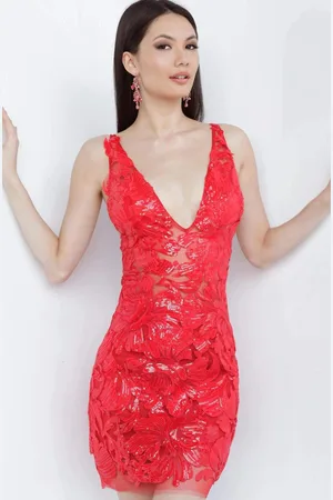 JOVANI 4552 Embellished Deep V-Neck Fitted After Prom Dress