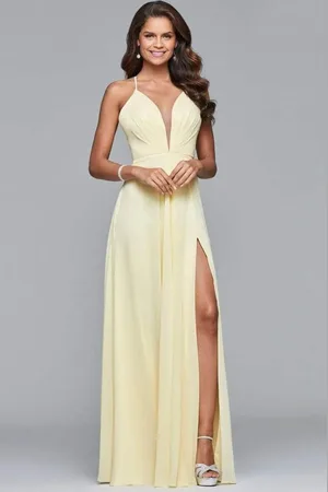FAVIANA 7747 Illusion Plunging Neck Strappy Open Back Chiffon Dress