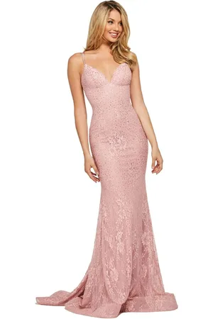 Sherri Hill 53364 Plunging Lace Up Back Fitted Lace Dress
