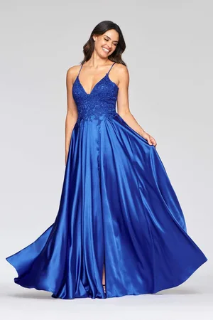 FAVIANA S10400 Beaded Lace V Neck Flowy Satin Gown