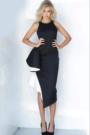 JOVANI 00572 Two Tone Asymmetric Ruffle Fitted Dress