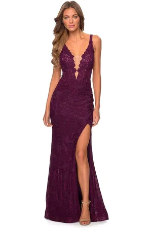 La Femme 28648 Deep V-Neck Lace Sheath Dress