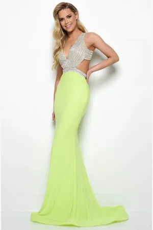 Jasz Couture 7032 Embellished Deep V-neck Trumpet Dress
