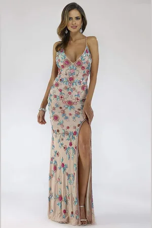 Lara Dresses 29486 Multi-Color Floral Beaded High-Slit Evening Dress