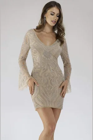 Lara Dresses 29608 Deep V-Neck Long Sleeves Beaded Cocktail Dress
