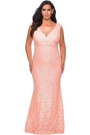La Femme 28837 V Neck Rhinestone Beaded Full Lace Simple Prom Gown