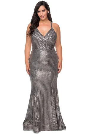 La Femme 29051 Sequined Plunging V-neck Trumpet Simple Prom Dress