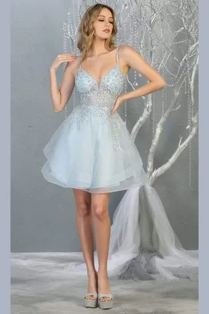 May Queen MQ1816 Beaded Embellished Tiered Tulle Cocktail Dress