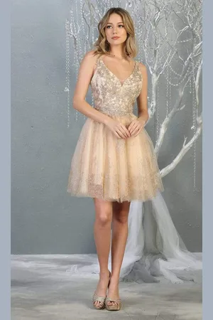 May Queen MQ1817 Sleeveless Metallic Appliqued A-Line Dress