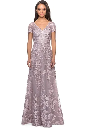 La Femme 27870 Short Sleeve Lace Overlaid A-Line Dress