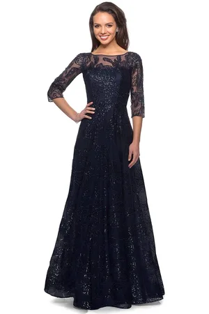 La Femme 27942 Quarter Sleeve Sequined Lace A-Line Dress