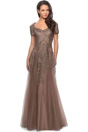 La Femme 28037 Short Sleeve Beaded Appliqued Lace Dress