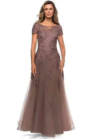 La Femme 27958 Embroidered Short Sleeve Tulle A-Line Dress