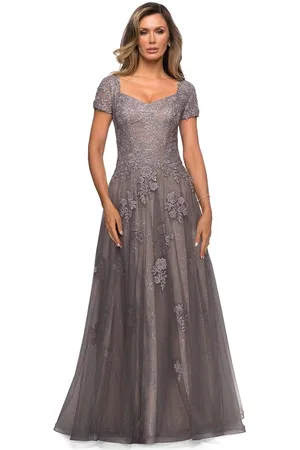 La Femme 28091 Floral Appliqued A-Line Evening Dress